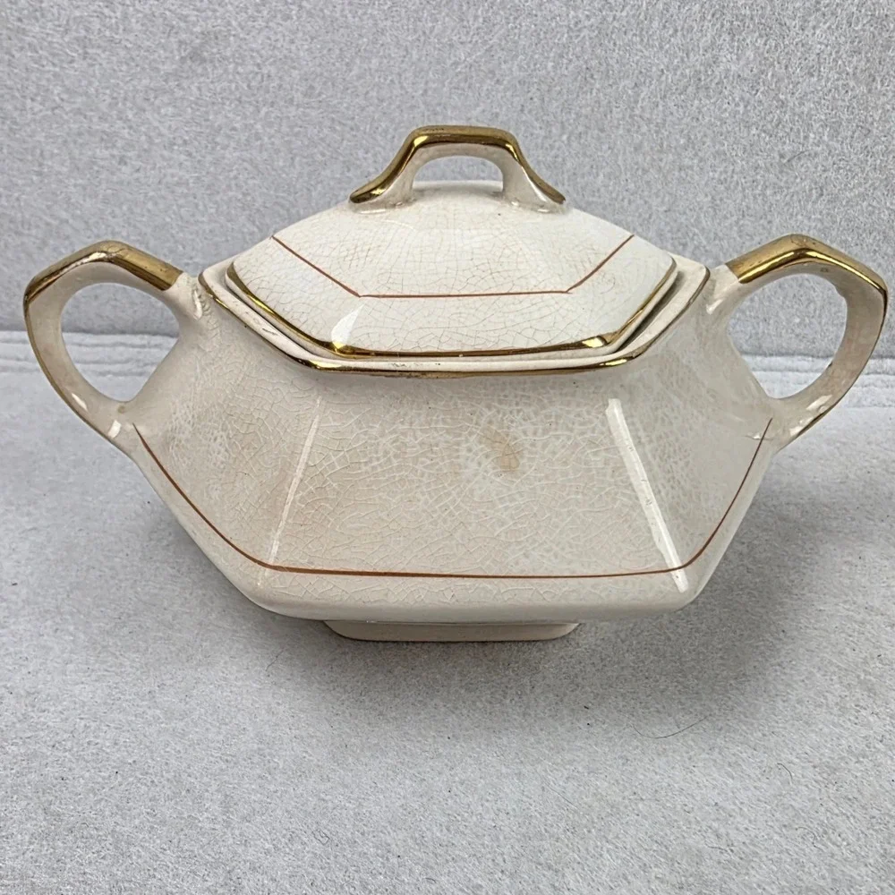 Antique Bavaria Germany Sugar Bowl Lid Floral Gold Monogram N Porcelain